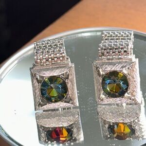 Vintage Swank silver tone mesh chain cuff links with multi color rhinestone